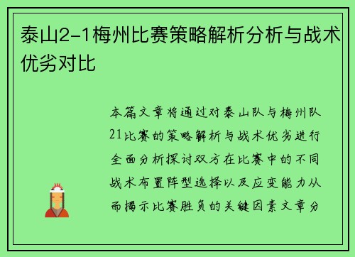 泰山2-1梅州比赛策略解析分析与战术优劣对比