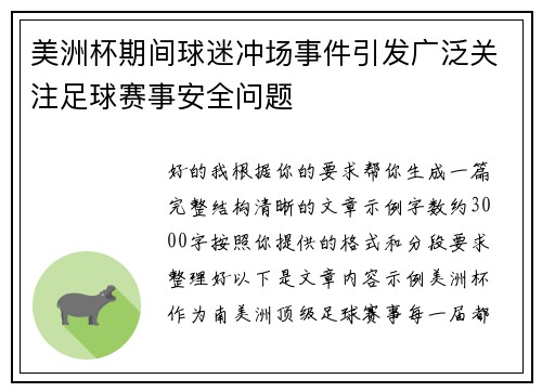 美洲杯期间球迷冲场事件引发广泛关注足球赛事安全问题